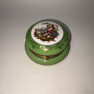 Vintage Porcelain Trinket Box Man w/Dog Floral Inside Hinged by FBS Green